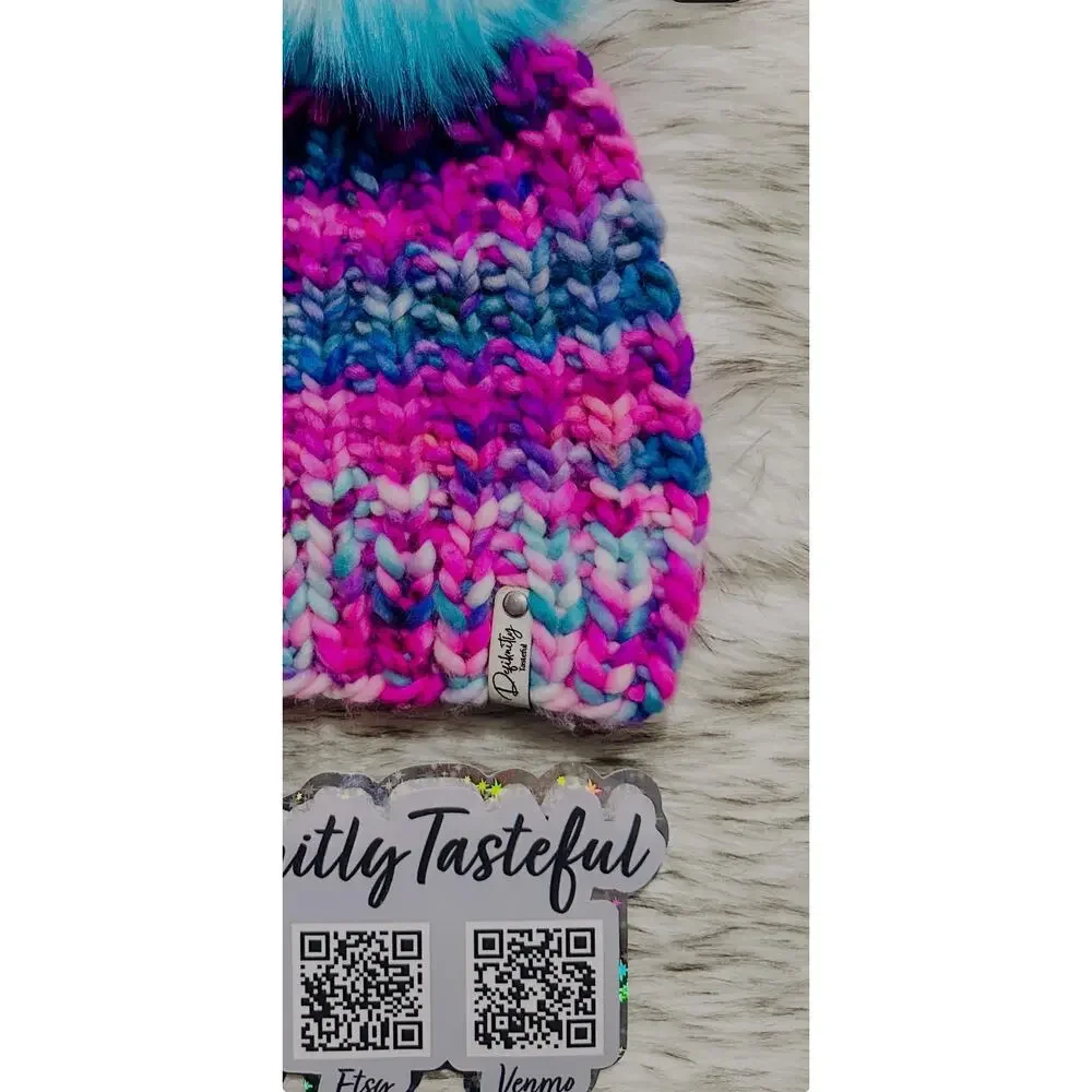 Hand Knit Scrappy Merino Wool Beanie: DefiKnitly Tasteful Knit Hat with Faux Fur